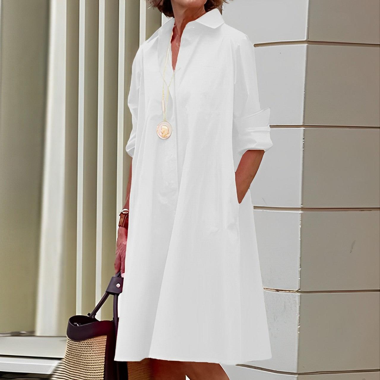 Shirt Dress With Lapel Collar & Three-Quarter Sleeves