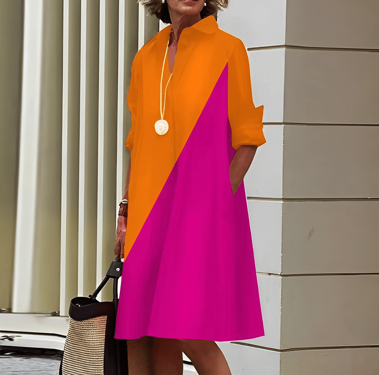 Shirt Dress With Lapel Collar & Three-Quarter Sleeves