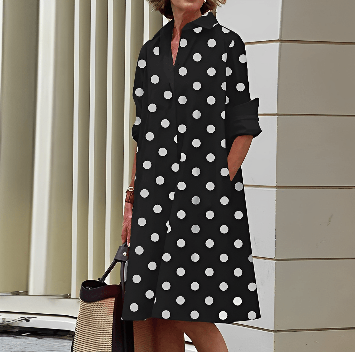 Shirt Dress With Lapel Collar & Three-Quarter Sleeves
