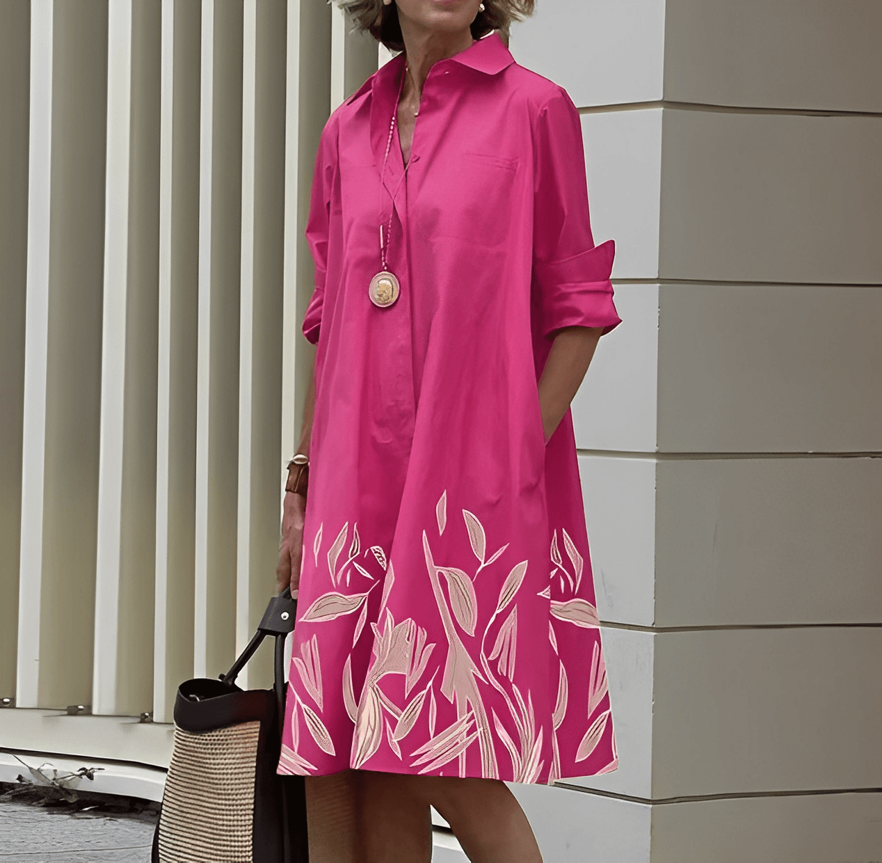 Shirt Dress With Lapel Collar & Three-Quarter Sleeves