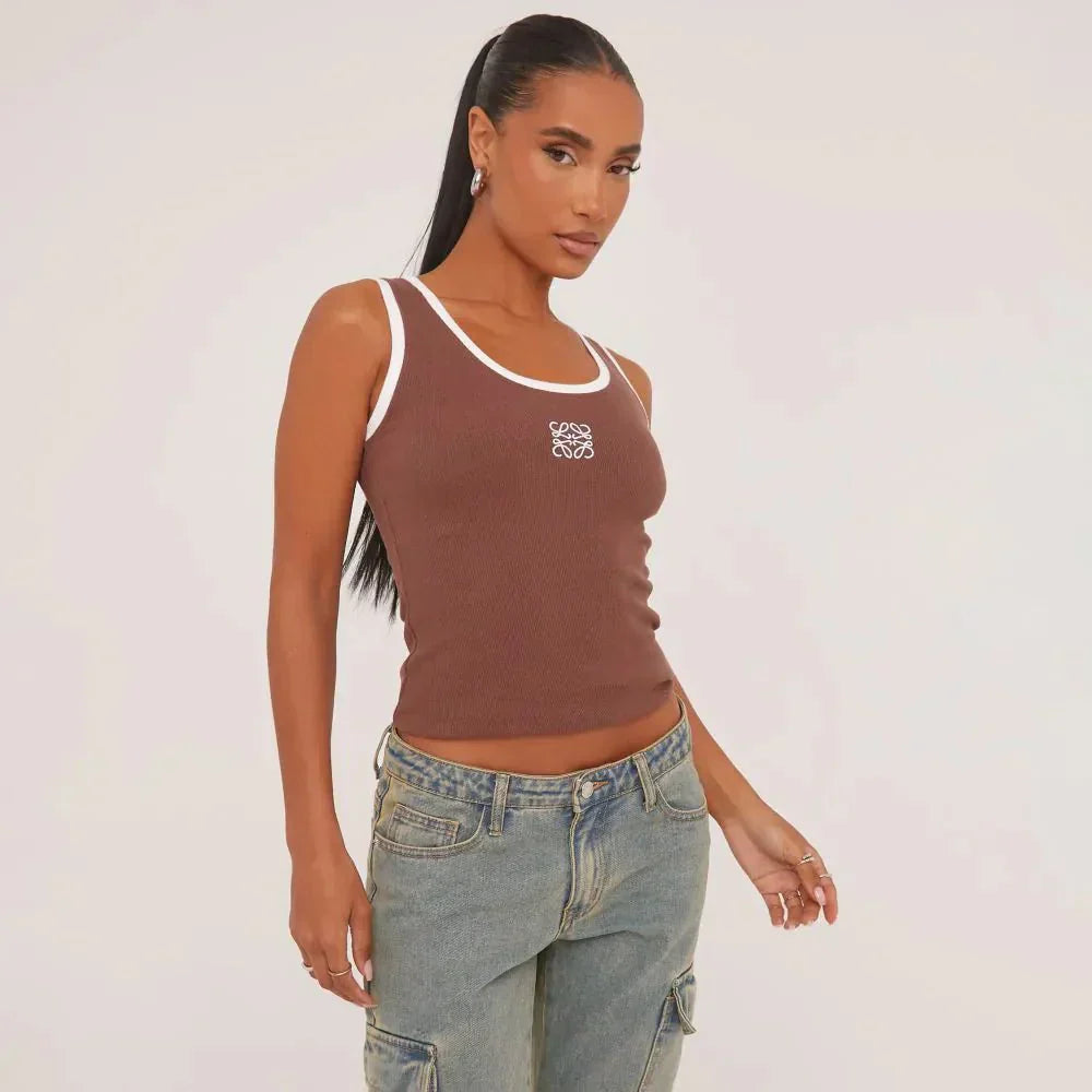 Ribbed tank top with delicate embroidery