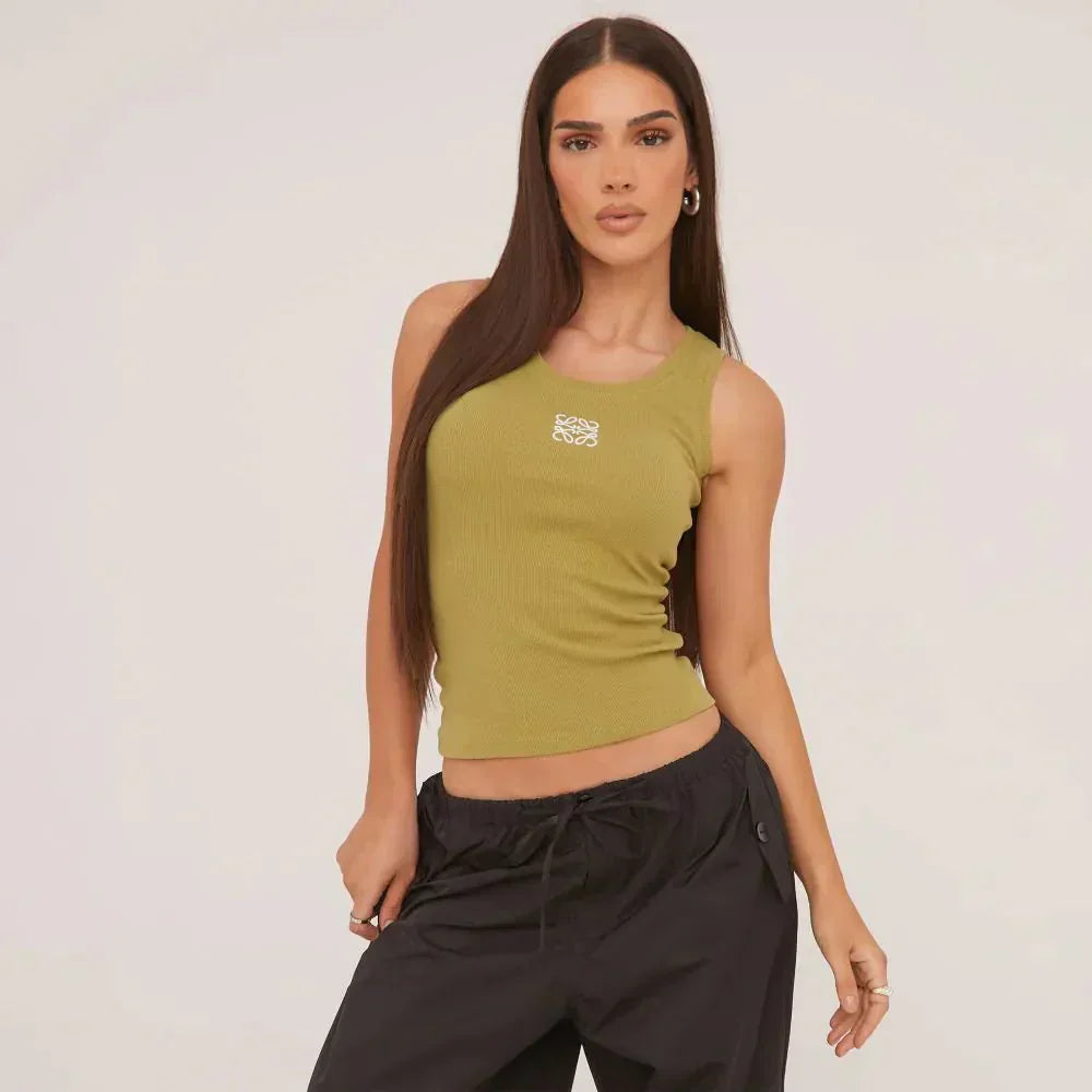 Ribbed tank top with delicate embroidery