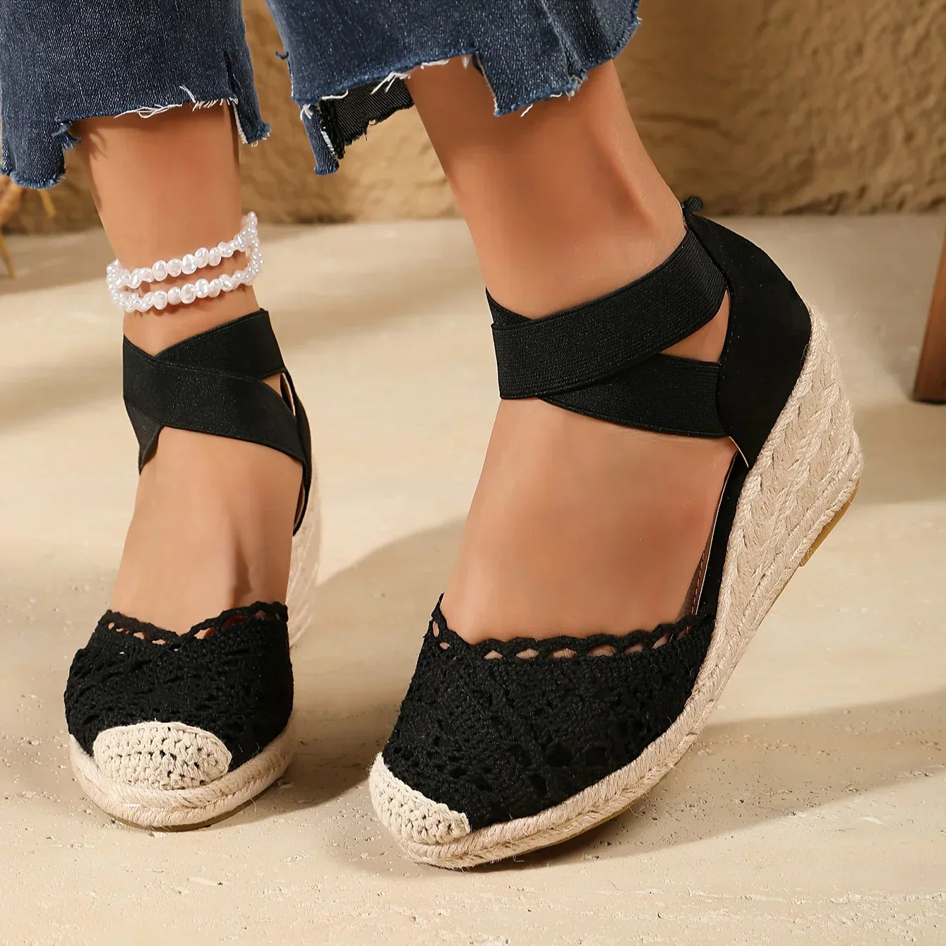 Elegant Wedge Sandals with Crochet Tip