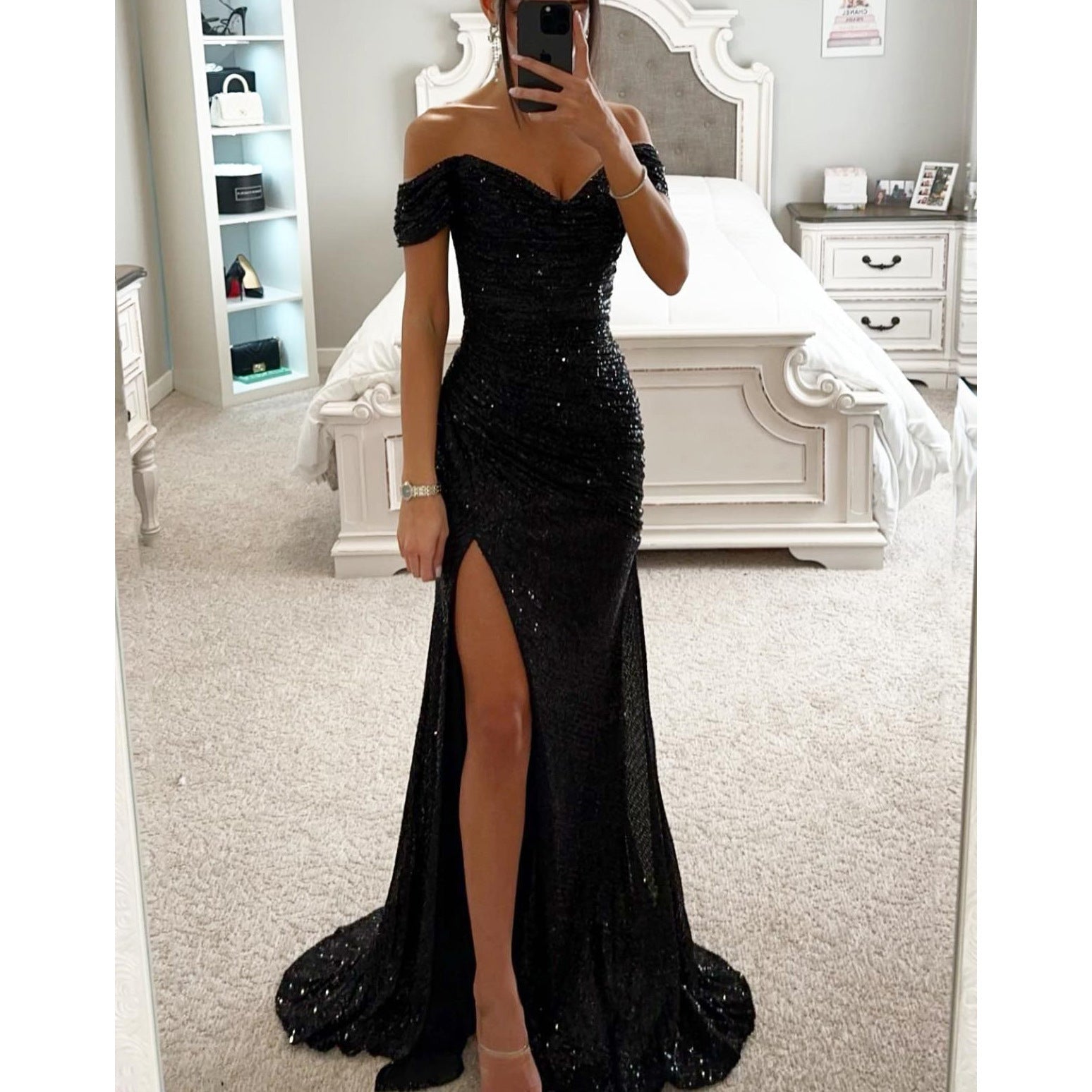 Off Shoulder Evening Dress With Sequins Elegant Party Dress With Slit And Figure-Hugging Cut For Festive Occasions