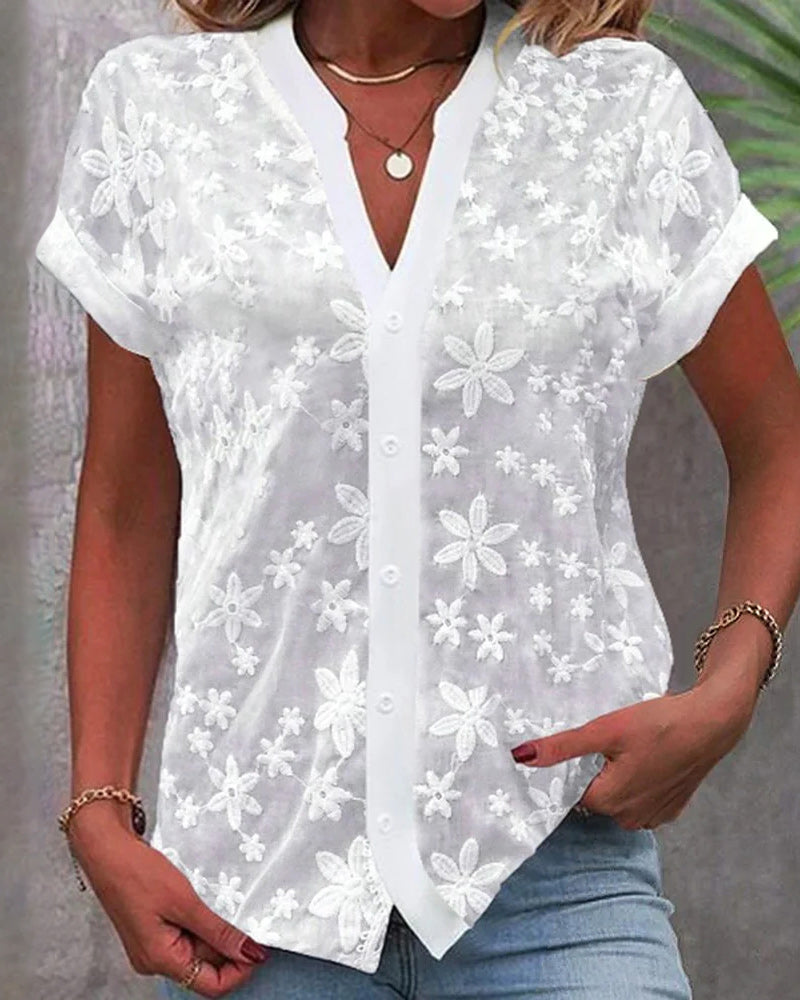 Short-sleeved floral blouse with V-neck