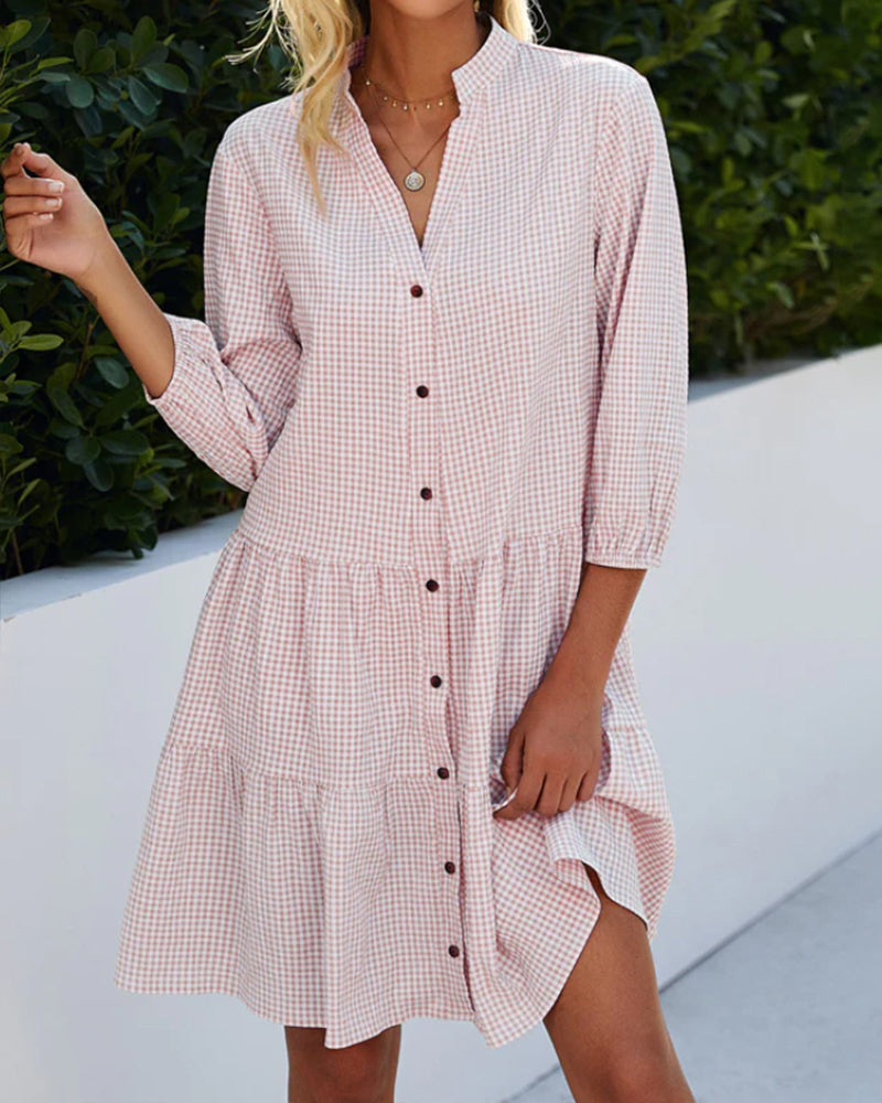 Checked A-Line Dress With Button Placket For Womenresembles A Shirt Dress