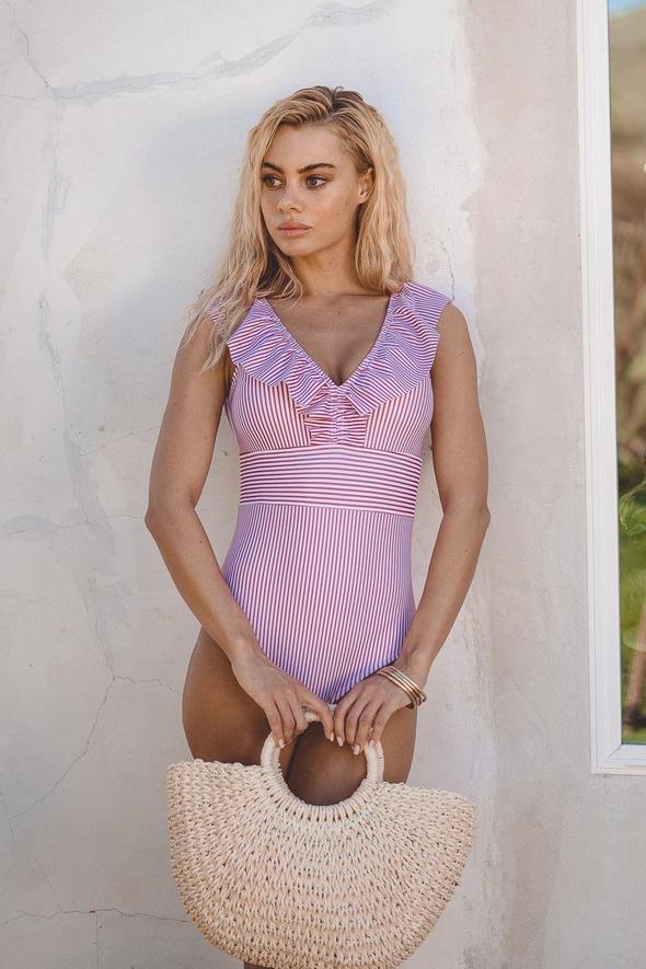 Striped swimsuit with ruffle details