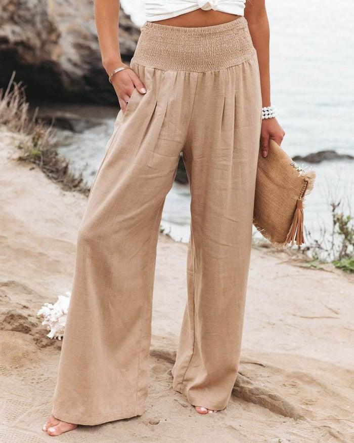 Casual Comfort: Wide Pants Made Of Cotton-Linen With A High Waistflowing Beach Pants With Smocked Waistband