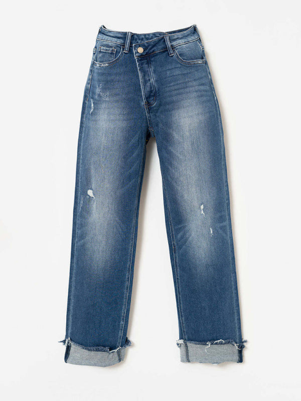 Women's Denim Washed High Waist Fashion Casual Design Waist Drawstring Pants