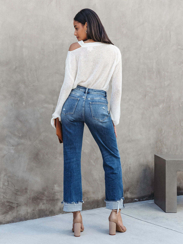 Women's Denim Washed High Waist Fashion Casual Design Waist Drawstring Pants