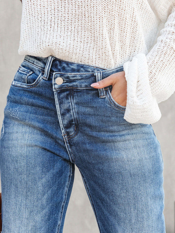 Women's Denim Washed High Waist Fashion Casual Design Waist Drawstring Pants