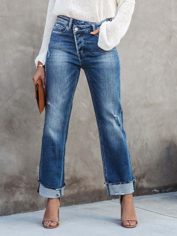 Women's Denim Washed High Waist Fashion Casual Design Waist Drawstring Pants