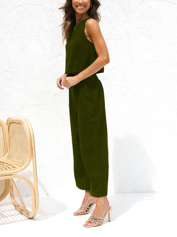 Women's Casual Sleeveless Button-Down Vest Short Loose-Fitting Pants Cotton And Linen Suit