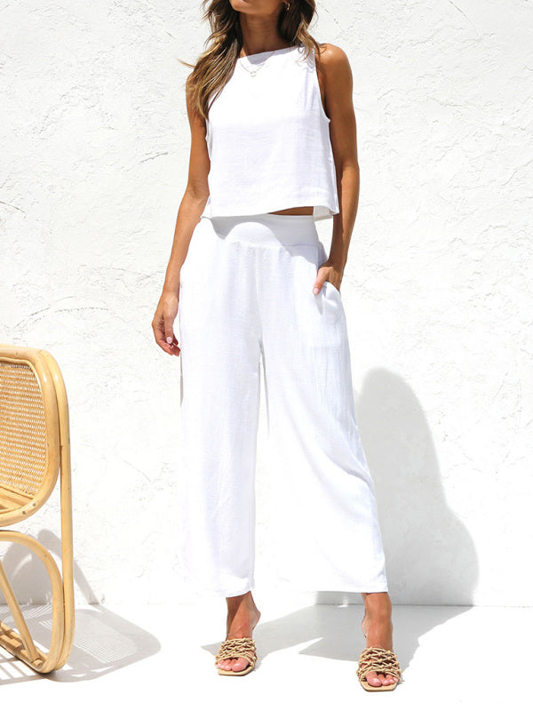 Women's Casual Sleeveless Button-Down Vest Short Loose-Fitting Pants Cotton And Linen Suit
