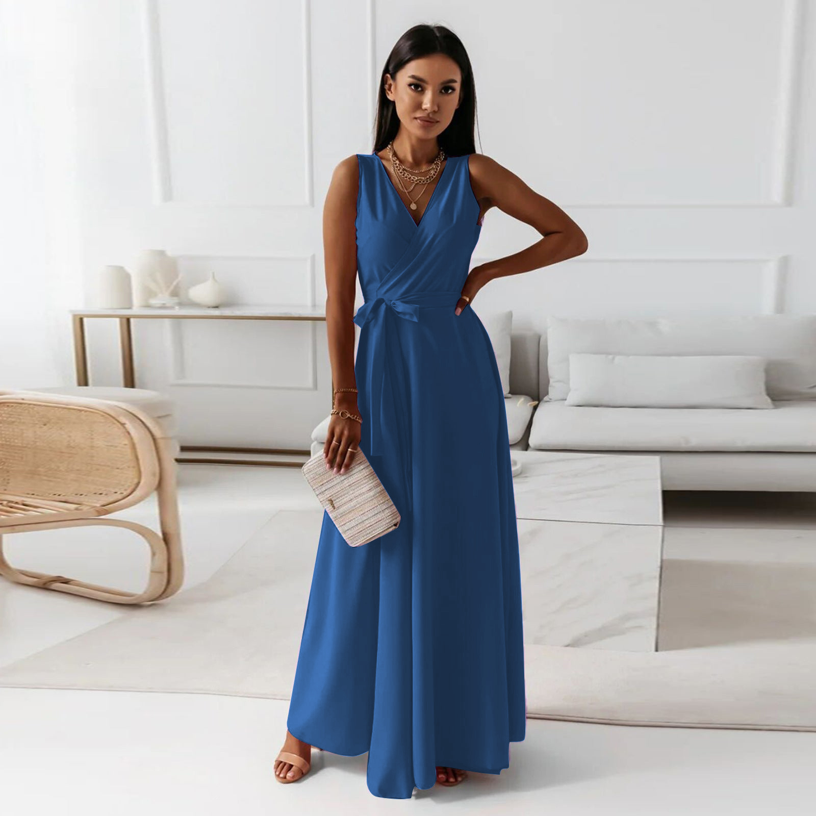 Women's Solid Color V-Neck Long Dress