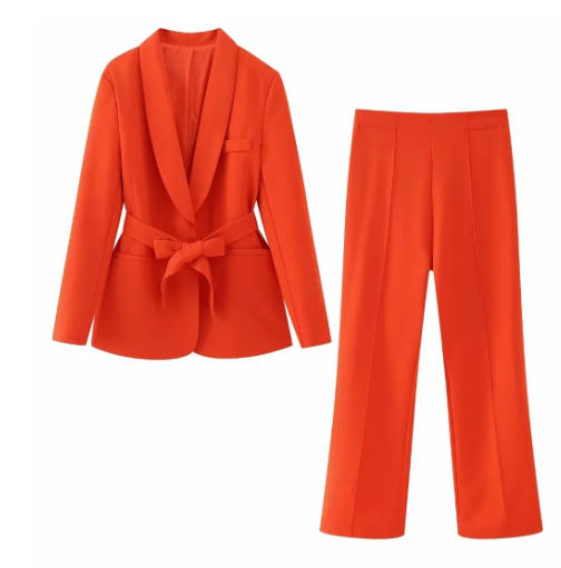 2-Piece Women's Suitelegant Blazer With Belt And Matching Trousers