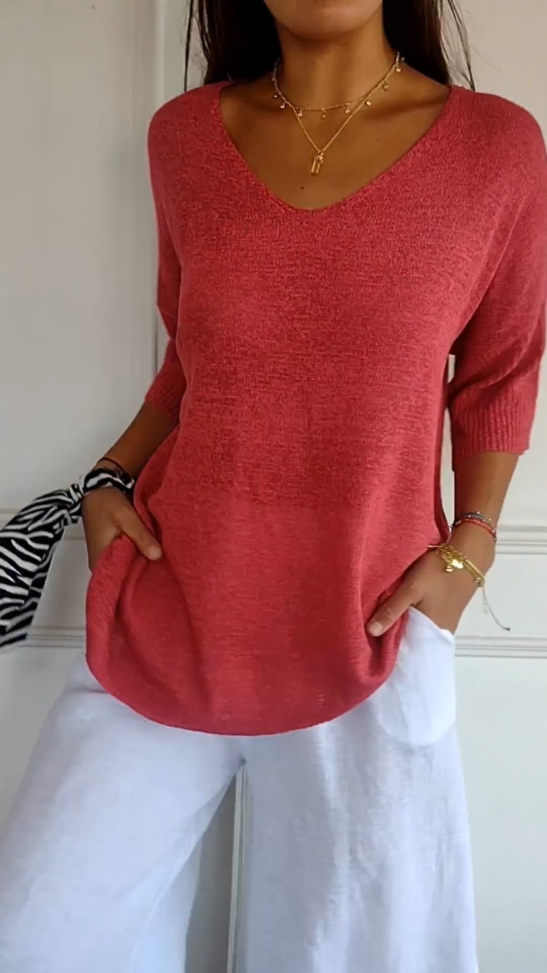 Alexiasolid Knit Top With V-Neck