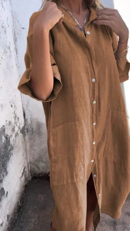 Elegant Shirt Dress Made of Linen with Button Placket