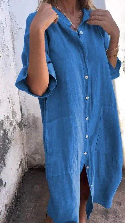 Elegant Shirt Dress Made of Linen with Button Placket