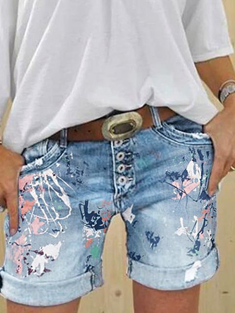 Multi Button Print Denim Shorts