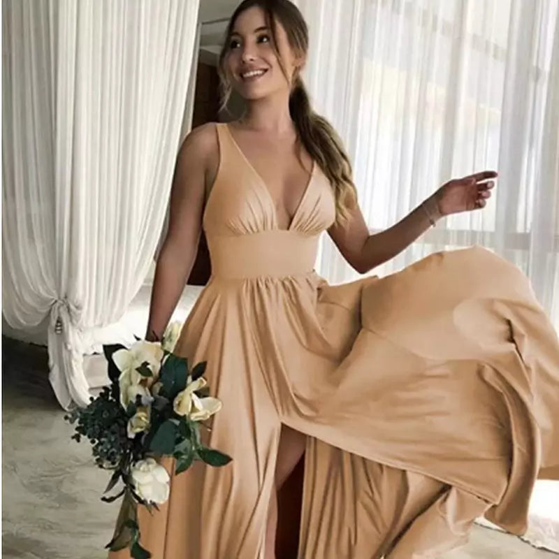 Split V-neck Bridesmaid Dress Long Maxi Evening