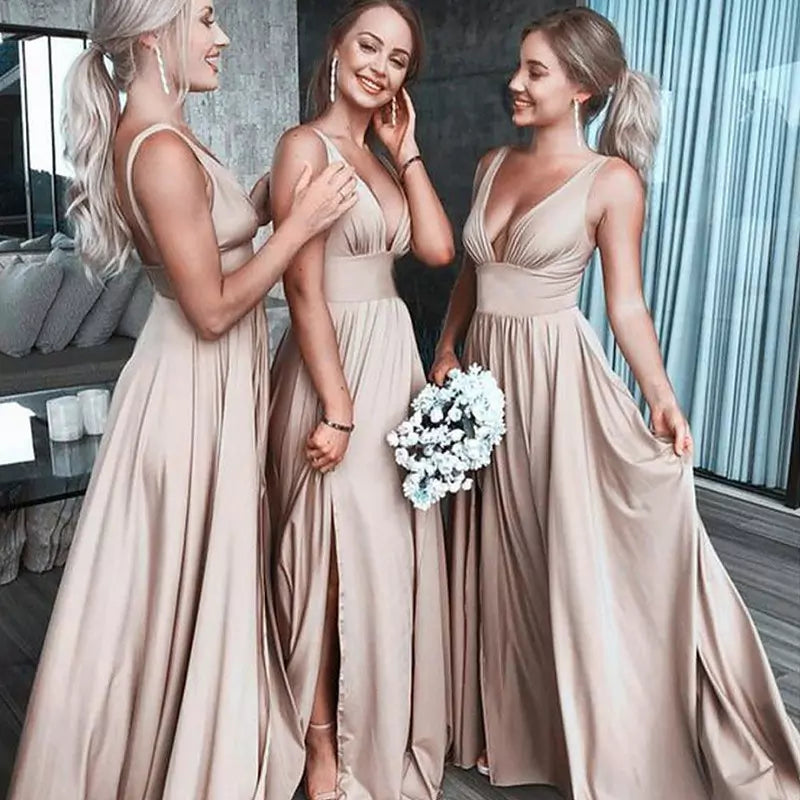 Split V-neck Bridesmaid Dress Long Maxi Evening
