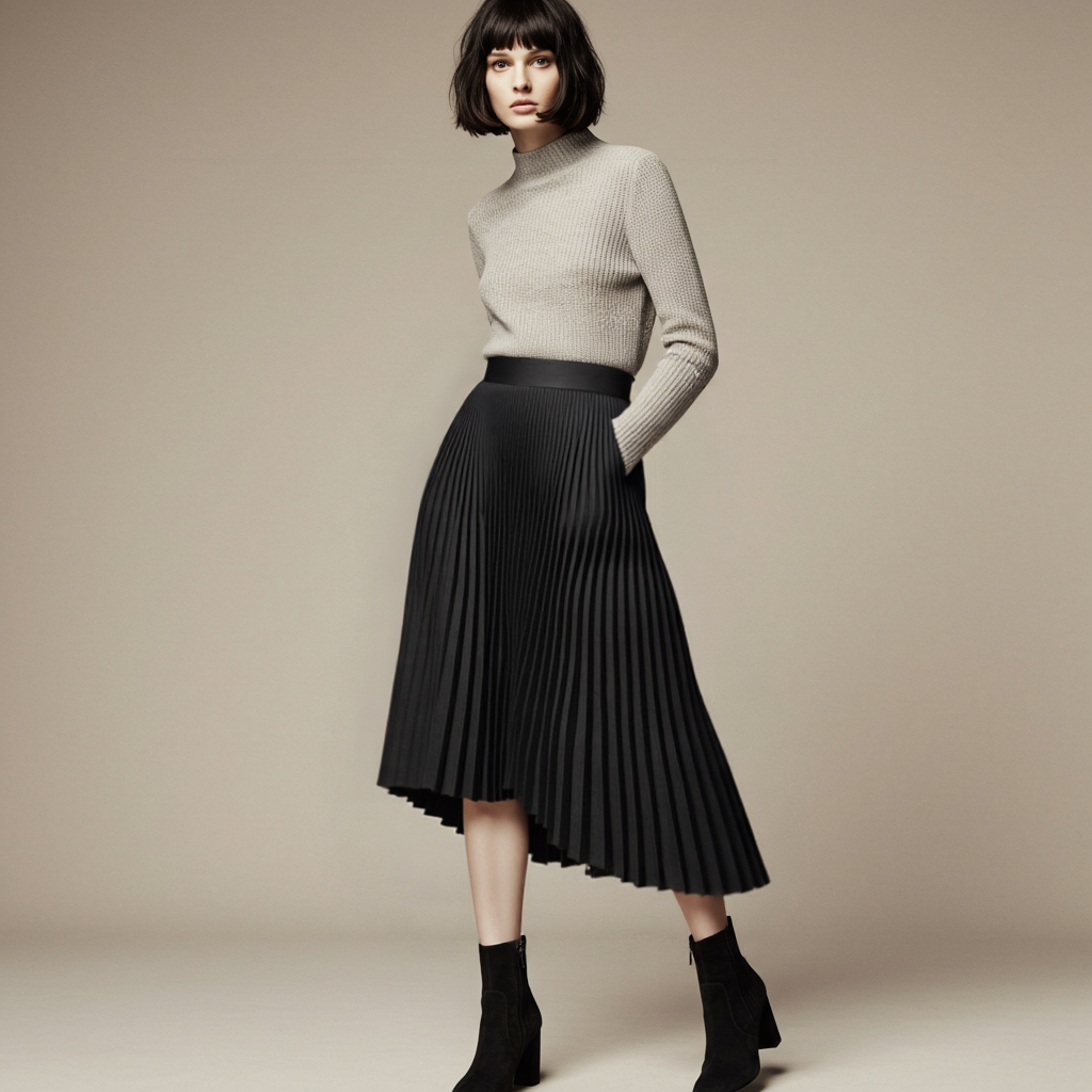 Brand Designer Women's Elegant Chic Solid Pleated Skirt High Waist Luxury Fashion