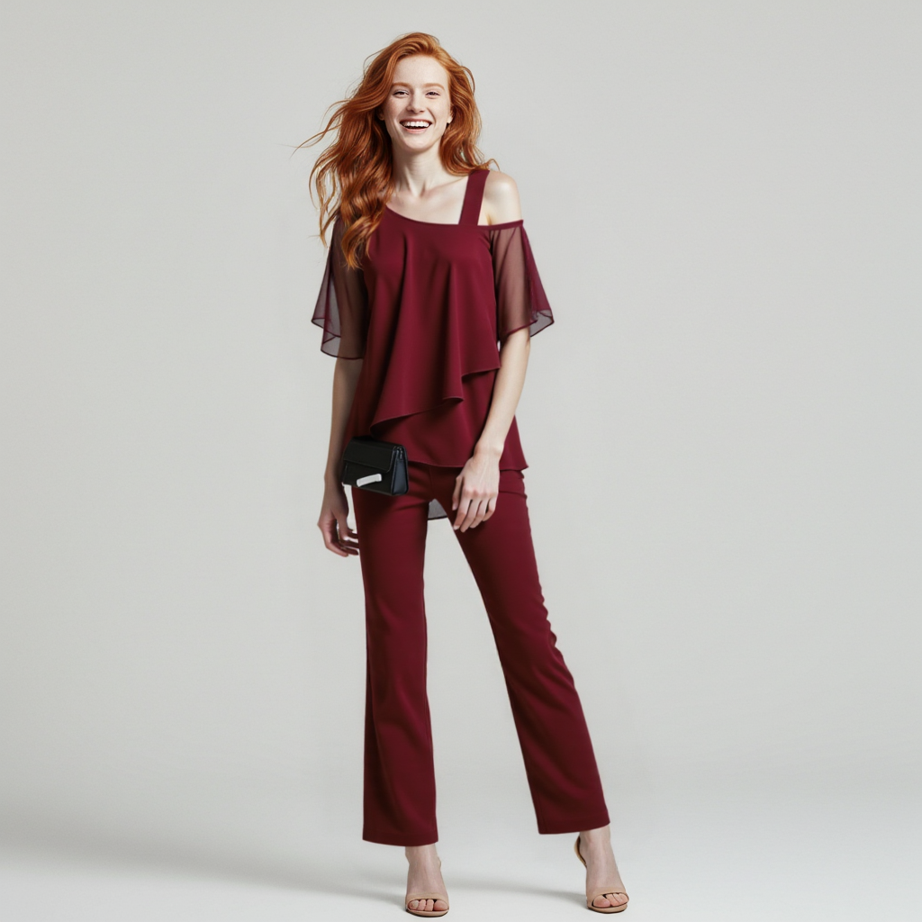 Women's Two-Piece Setelegant Jumpsuit With Cold Shoulder Blouse