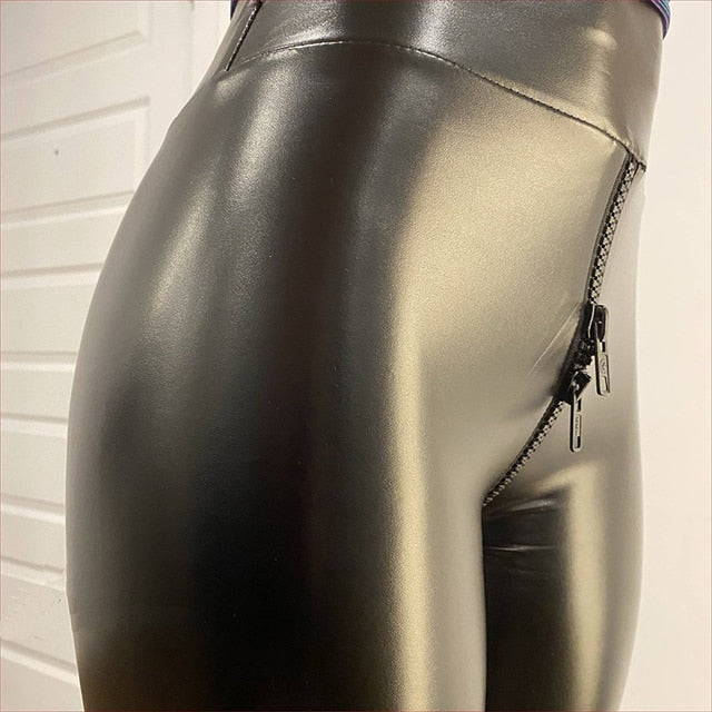 Elegant Shiny Leggings with Zipper