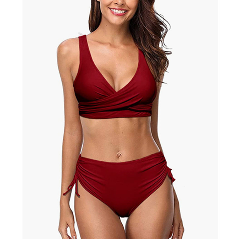 Bikini Set High-waisted Bottom V-neck Wrap Top Adjustable & Supportive Fit