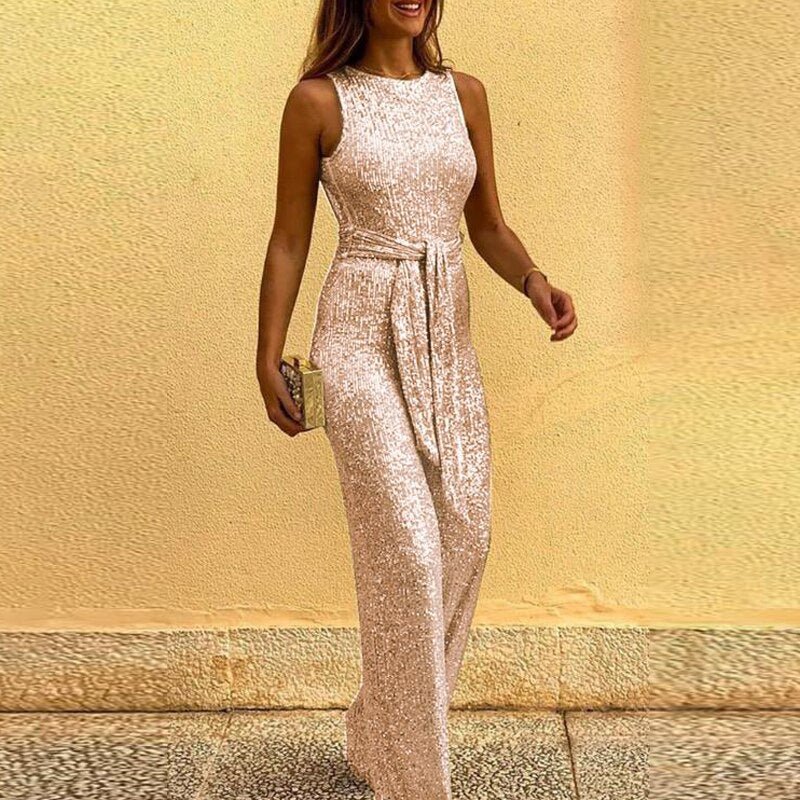 Loirysolid Color Glitter Jumpsuit