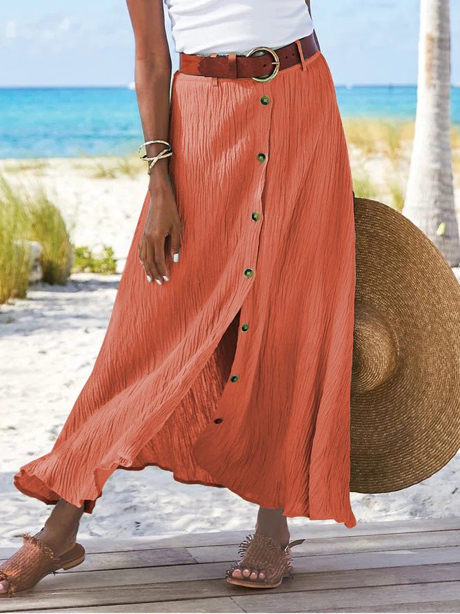 Chic A-Line Cotton & Linen Button Slit Skirt
