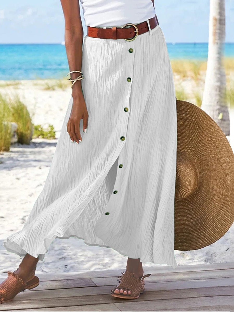 Chic A-Line Cotton & Linen Button Slit Skirt