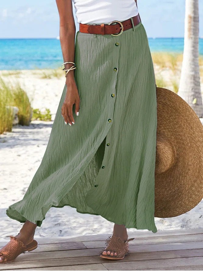 Chic A-Line Cotton & Linen Button Slit Skirt