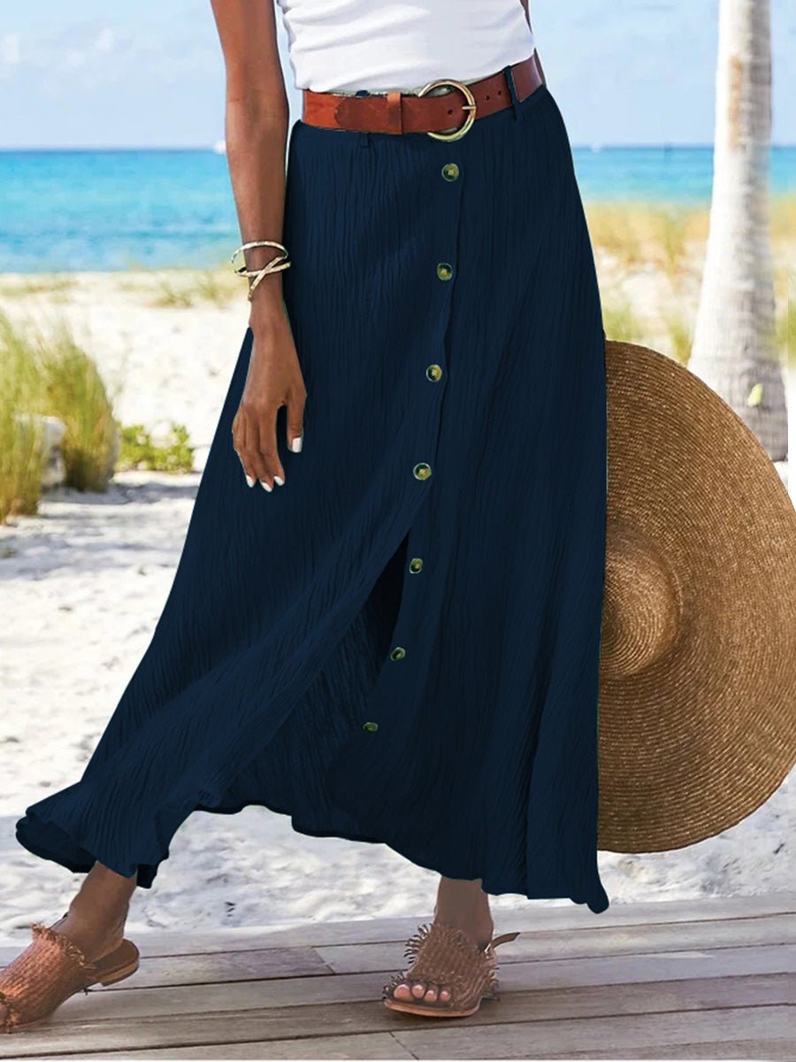 Chic A-Line Cotton & Linen Button Slit Skirt