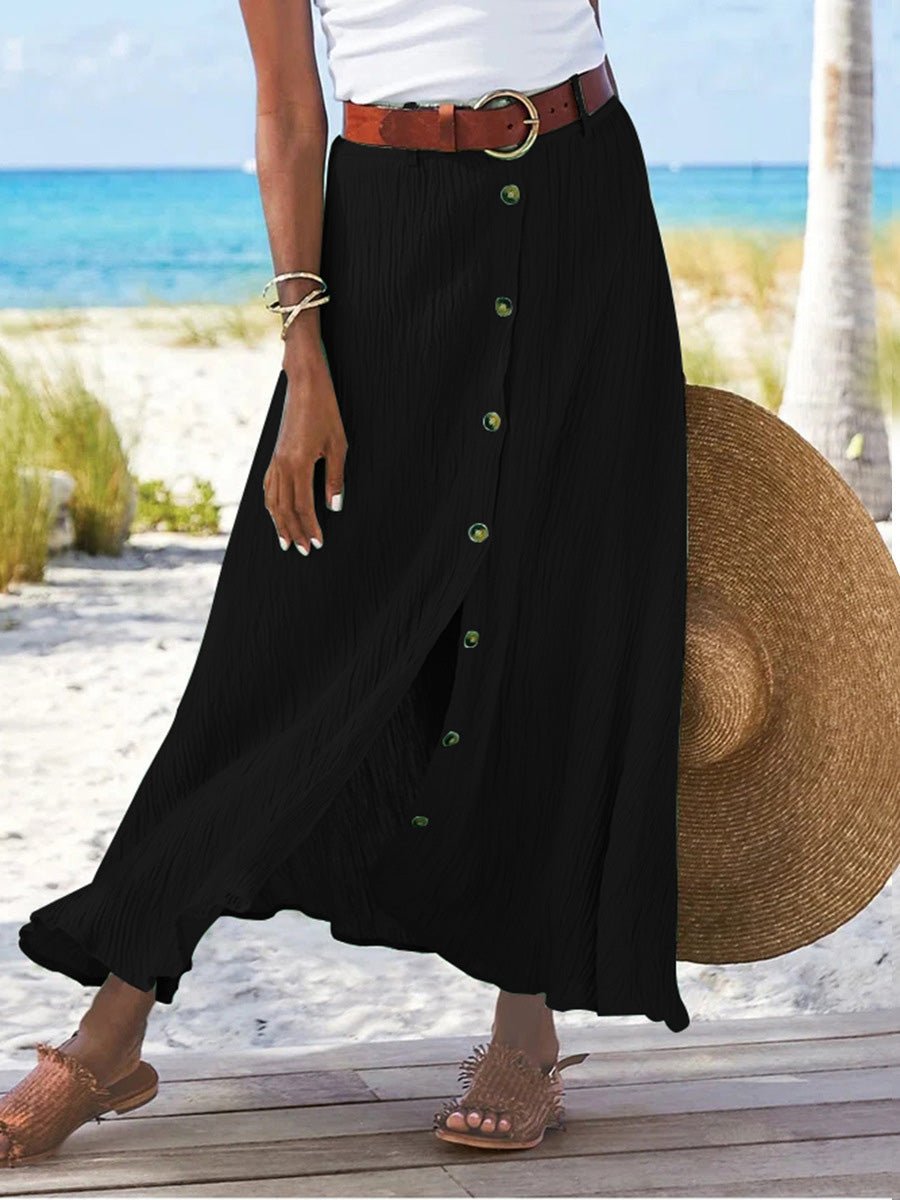 Chic A-Line Cotton & Linen Button Slit Skirt